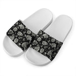 Monochrome Rose Floral Pattern Print White Slide Sandals