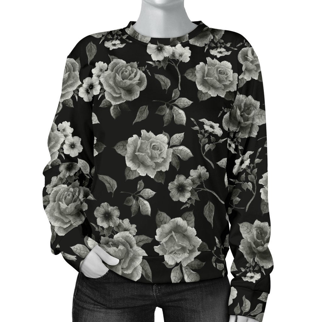 Monochrome Rose Floral Pattern Print Women's Crewneck Sweatshirt GearFrost