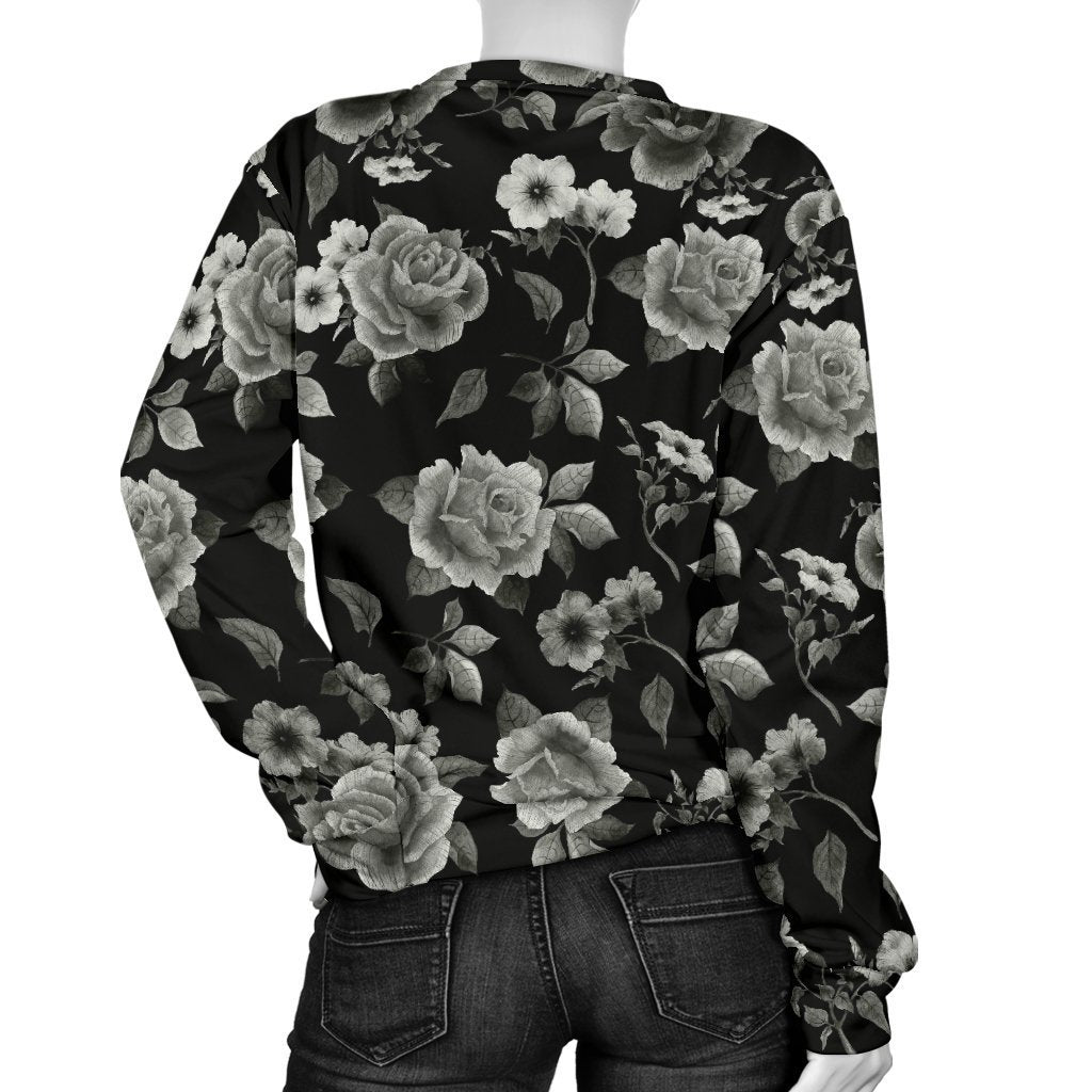 Monochrome Rose Floral Pattern Print Women's Crewneck Sweatshirt GearFrost