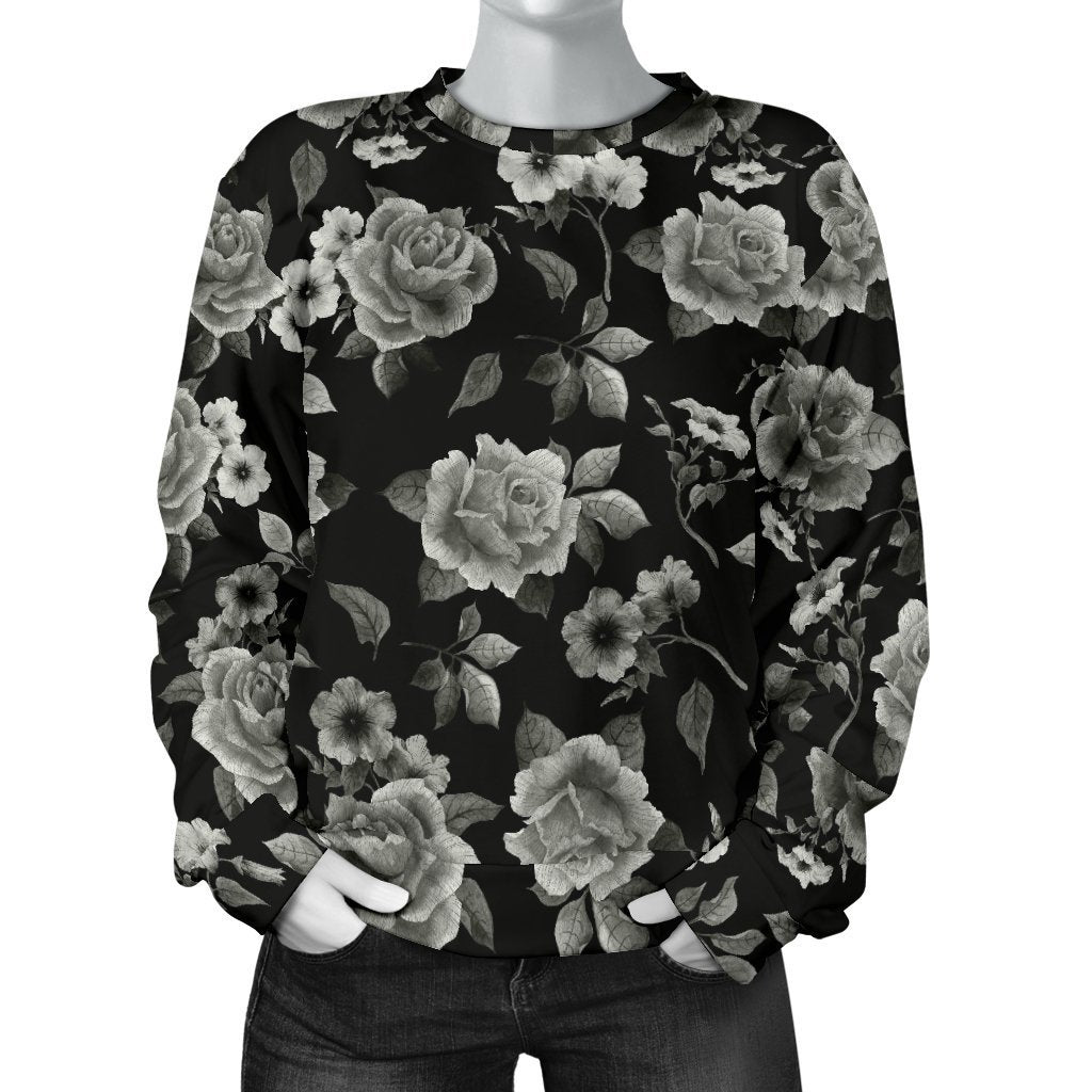 Monochrome Rose Floral Pattern Print Women's Crewneck Sweatshirt GearFrost