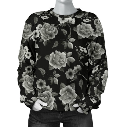 Monochrome Rose Floral Pattern Print Women's Crewneck Sweatshirt GearFrost