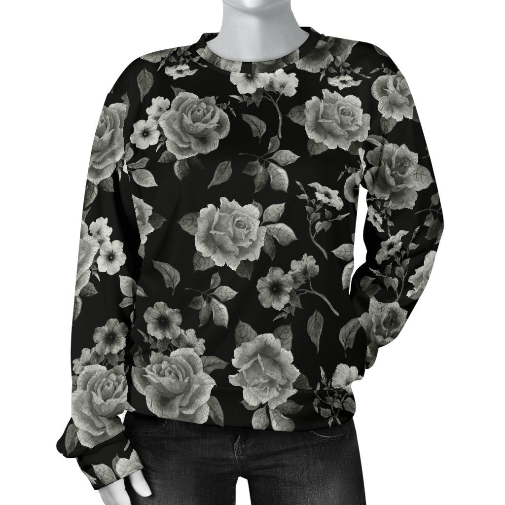 Monochrome Rose Floral Pattern Print Women's Crewneck Sweatshirt GearFrost