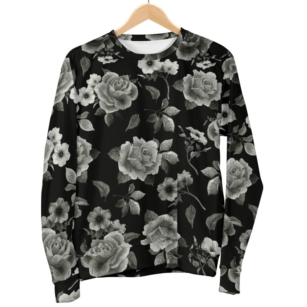 Monochrome Rose Floral Pattern Print Women's Crewneck Sweatshirt GearFrost