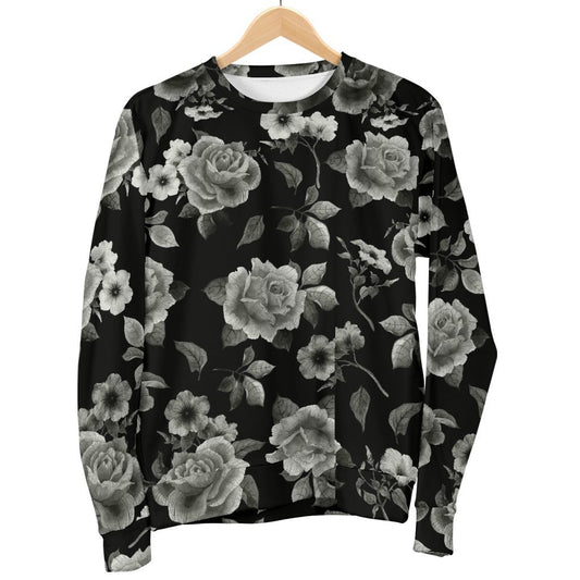 Monochrome Rose Floral Pattern Print Women's Crewneck Sweatshirt GearFrost