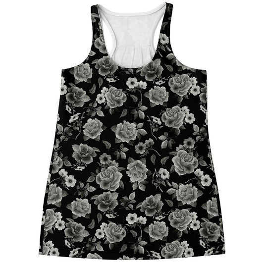 Monochrome Rose Floral Pattern Print Women's Racerback Tank Top