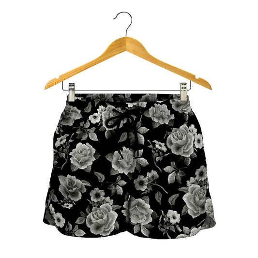 Monochrome Rose Floral Pattern Print Women's Shorts