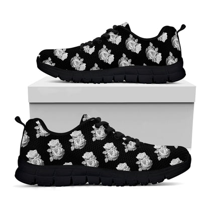 Monochrome Rose Pattern Print Black Sneakers