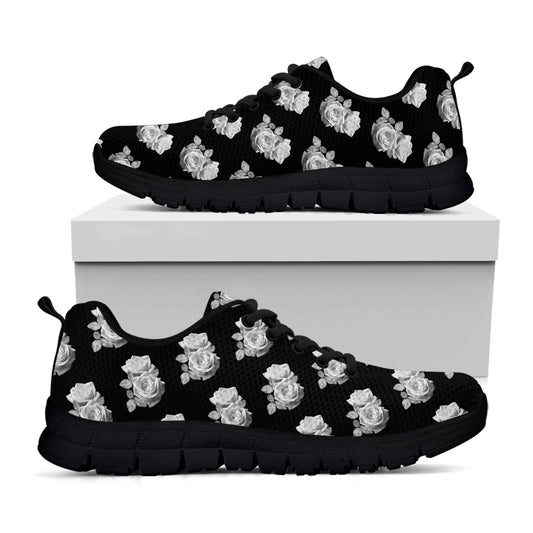 Monochrome Rose Pattern Print Black Sneakers