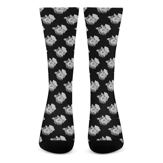 Monochrome Rose Pattern Print Crew Socks