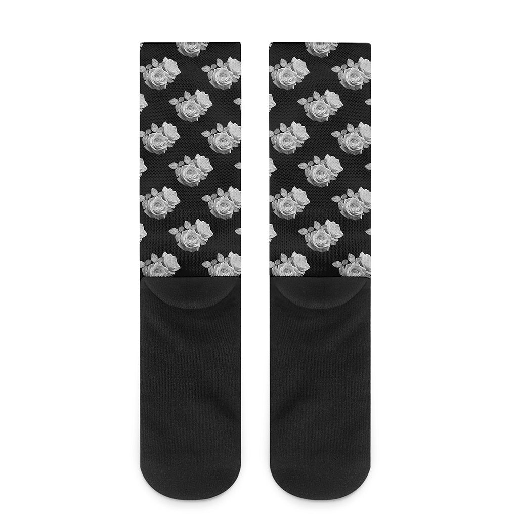 Monochrome Rose Pattern Print Crew Socks