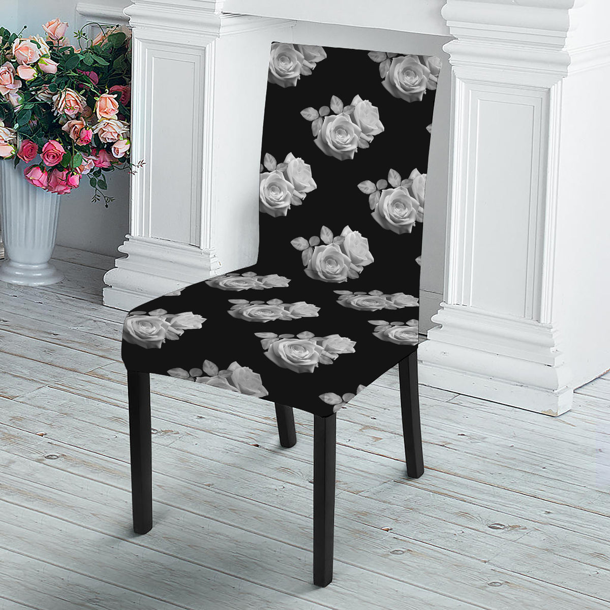 Monochrome Rose Pattern Print Dining Chair Slipcover