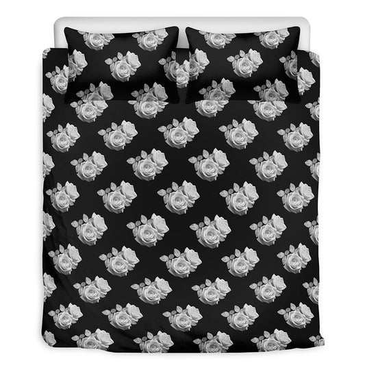 Monochrome Rose Pattern Print Duvet Cover Bedding Set