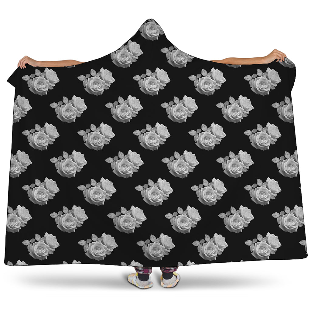 Monochrome Rose Pattern Print Hooded Blanket