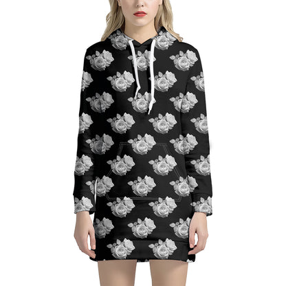 Monochrome Rose Pattern Print Hoodie Dress