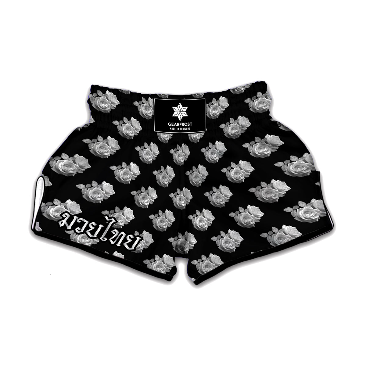 Monochrome Rose Pattern Print Muay Thai Boxing Shorts