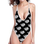 Monochrome Rose Pattern Print One Piece High Cut Swimsuit