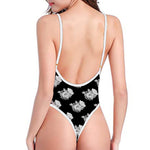 Monochrome Rose Pattern Print One Piece High Cut Swimsuit