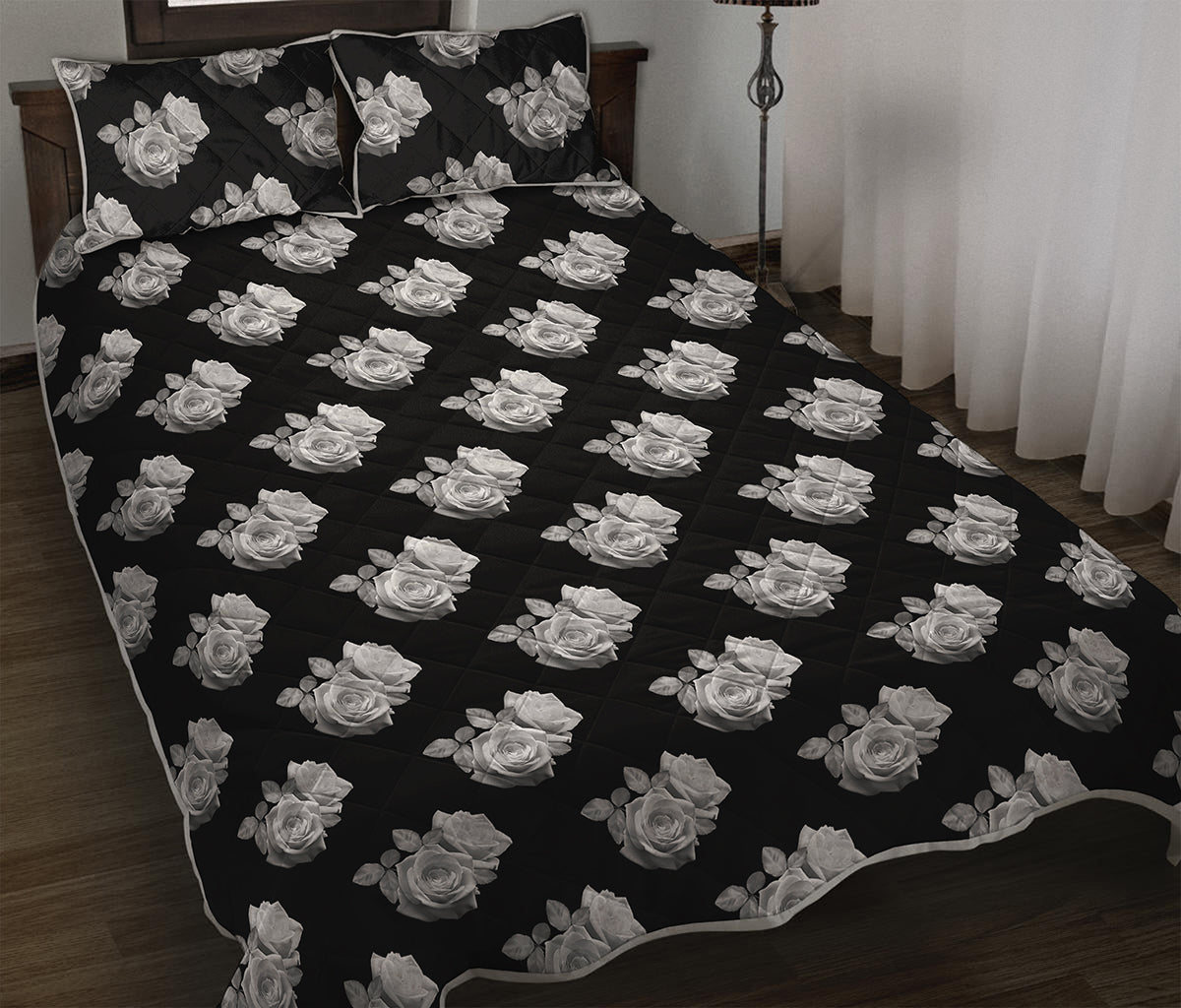 Monochrome Rose Pattern Print Quilt Bed Set