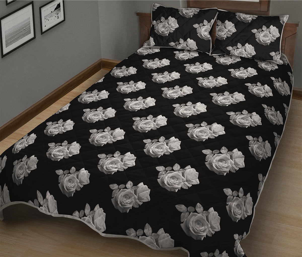 Monochrome Rose Pattern Print Quilt Bed Set