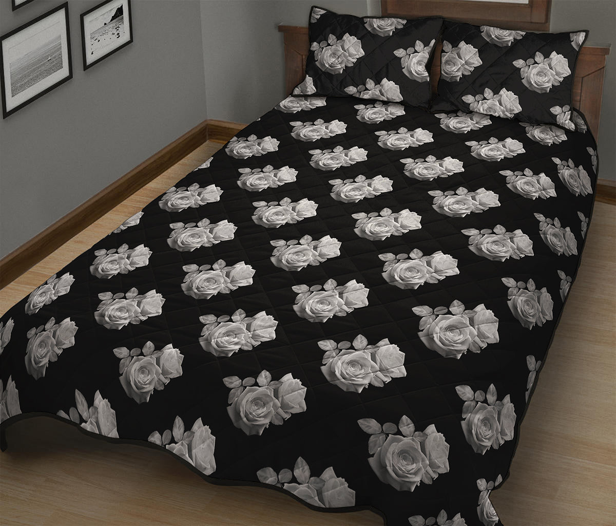 Monochrome Rose Pattern Print Quilt Bed Set