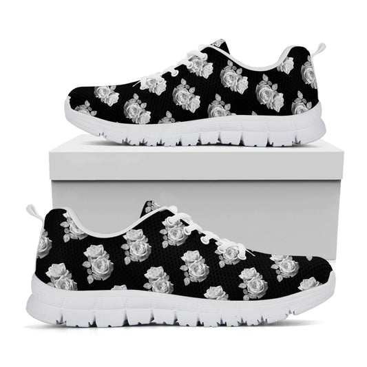 Monochrome Rose Pattern Print White Sneakers