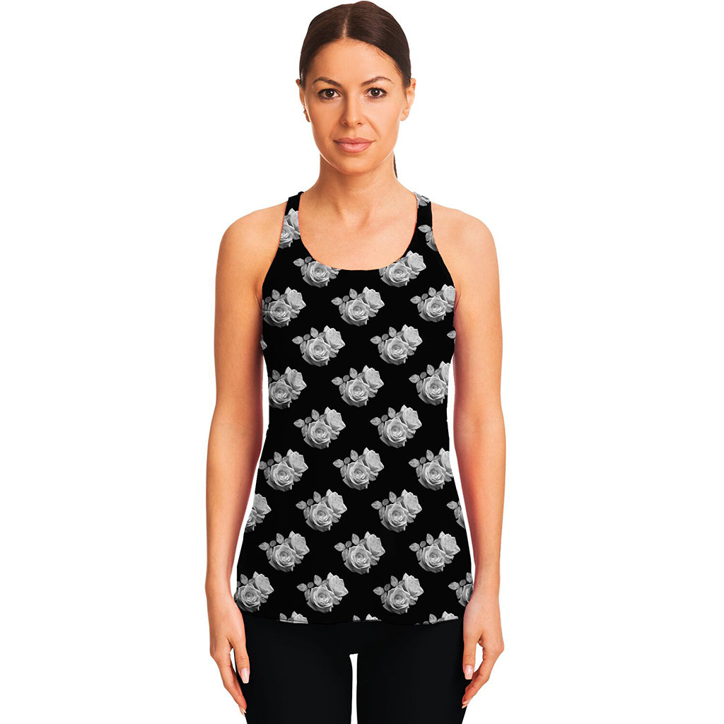 Monochrome Rose Pattern Print Women's Racerback Tank Top
