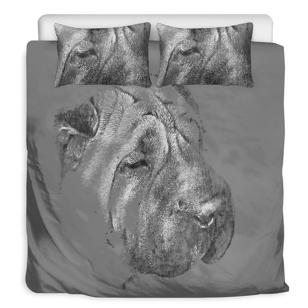 Monochrome Shar Pei Print Duvet Cover Bedding Set