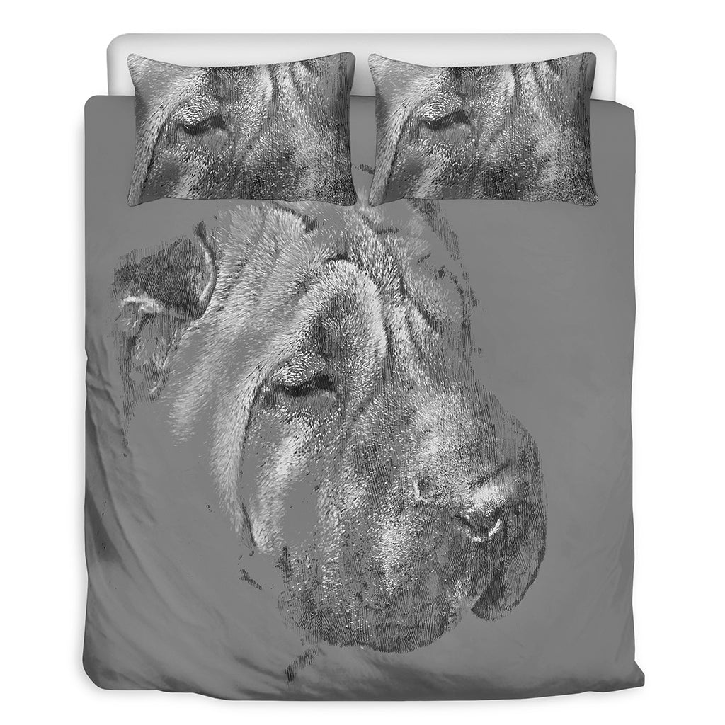 Monochrome Shar Pei Print Duvet Cover Bedding Set