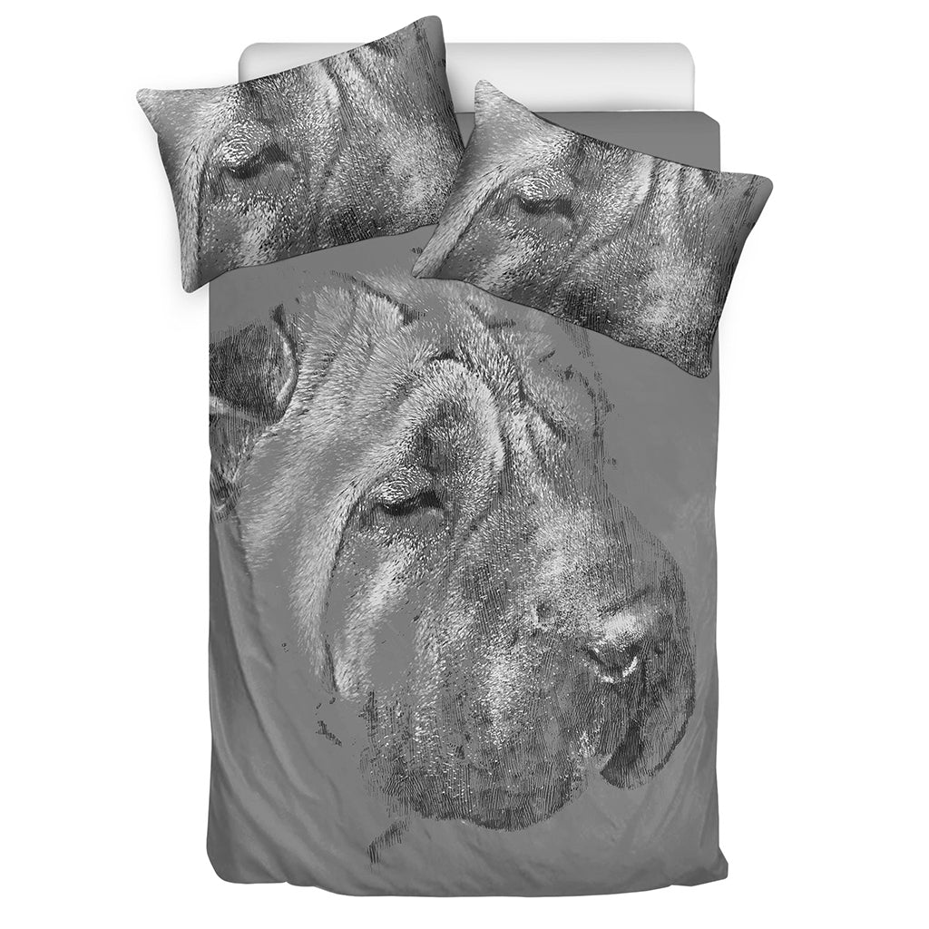 Monochrome Shar Pei Print Duvet Cover Bedding Set