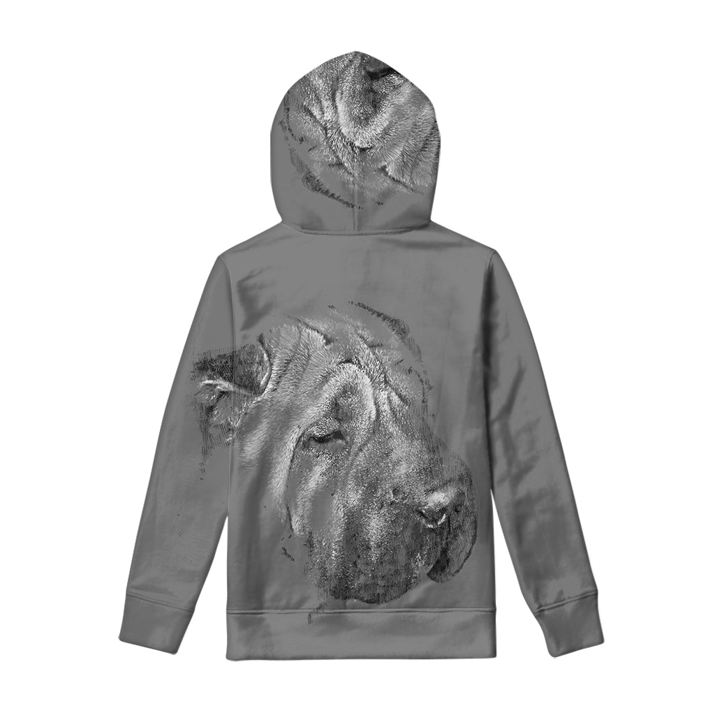 Monochrome Shar Pei Print Pullover Hoodie