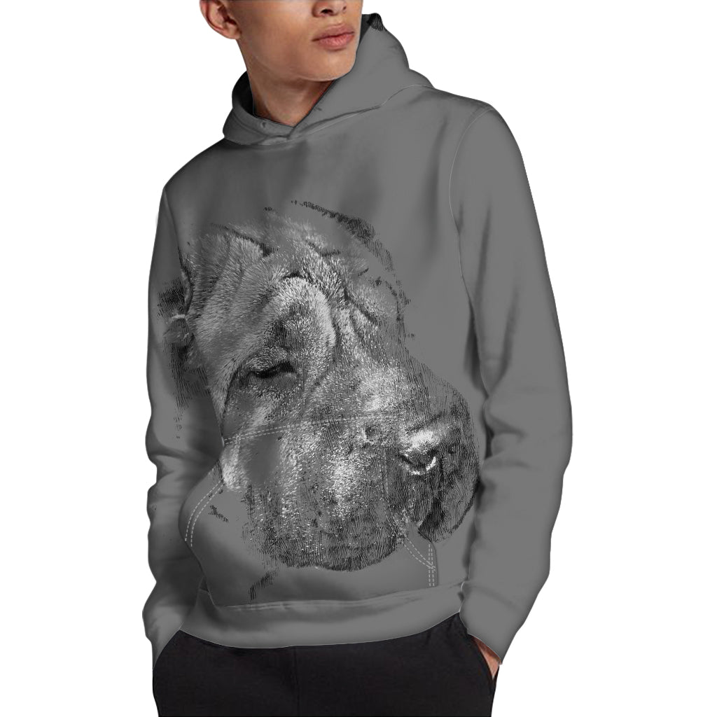 Monochrome Shar Pei Print Pullover Hoodie
