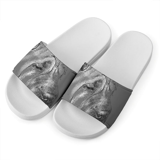 Monochrome Shar Pei Print White Slide Sandals