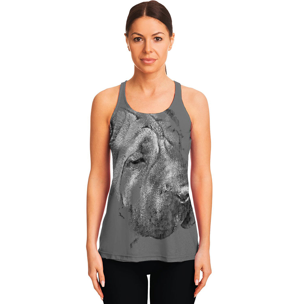 Monochrome Shar Pei Print Women's Racerback Tank Top
