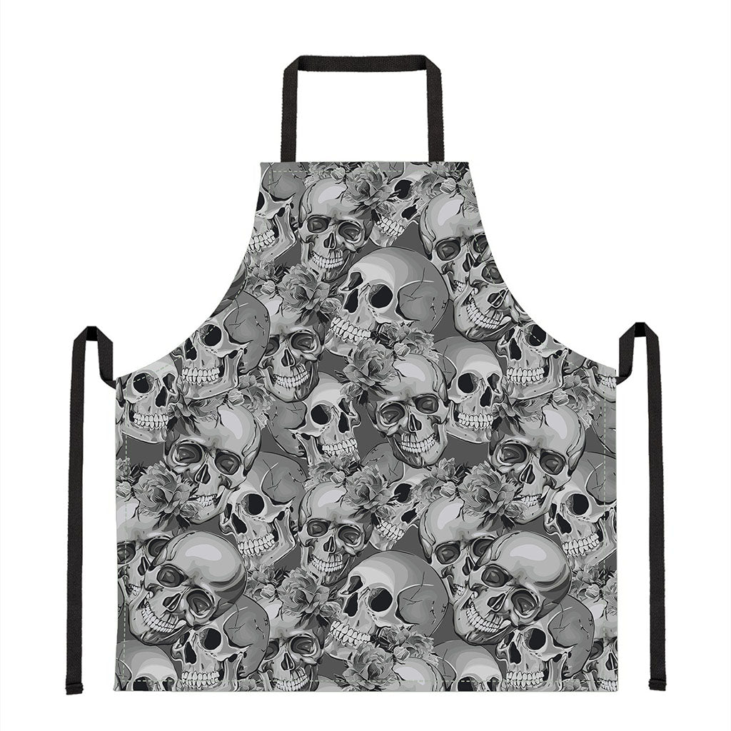 Monochrome Skull Flowers Pattern Print Apron