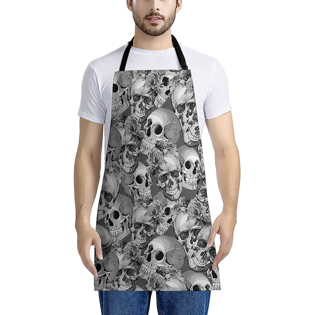 Monochrome Skull Flowers Pattern Print Apron