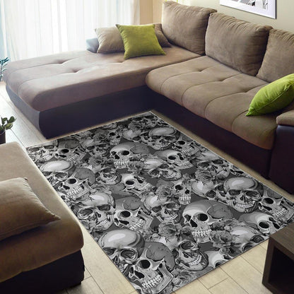 Monochrome Skull Flowers Pattern Print Area Rug GearFrost