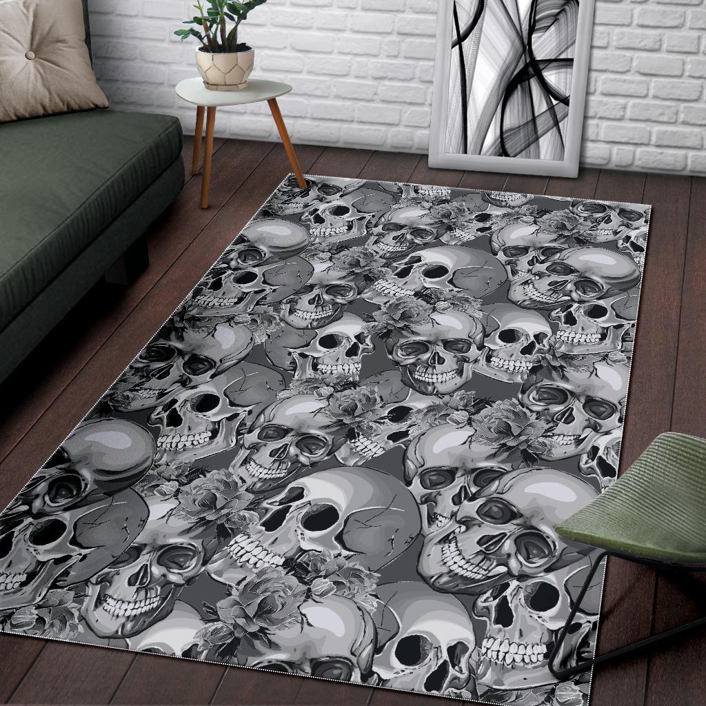 Monochrome Skull Flowers Pattern Print Area Rug GearFrost