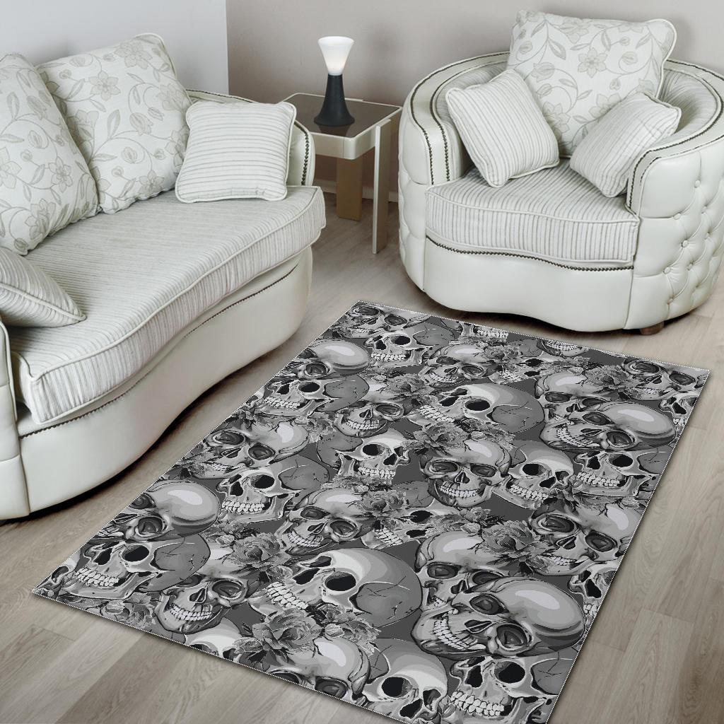 Monochrome Skull Flowers Pattern Print Area Rug GearFrost