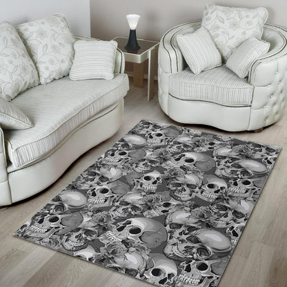 Monochrome Skull Flowers Pattern Print Area Rug GearFrost
