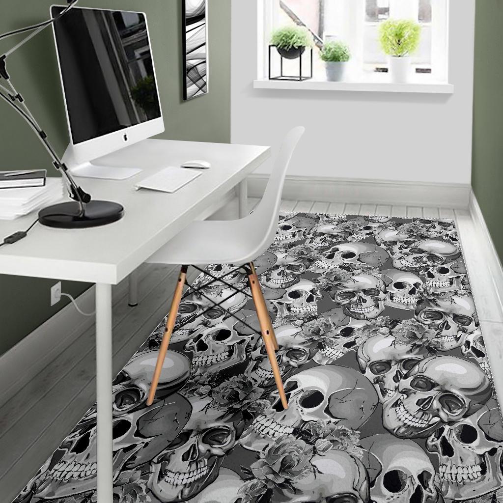 Monochrome Skull Flowers Pattern Print Area Rug GearFrost
