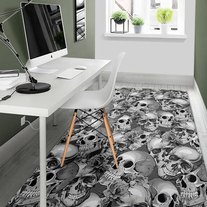 Monochrome Skull Flowers Pattern Print Area Rug GearFrost