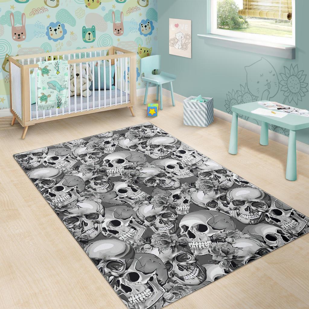 Monochrome Skull Flowers Pattern Print Area Rug GearFrost