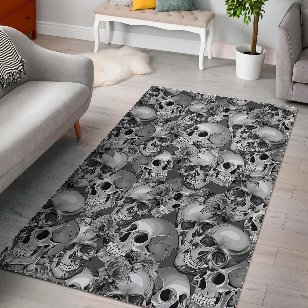 Monochrome Skull Flowers Pattern Print Area Rug GearFrost