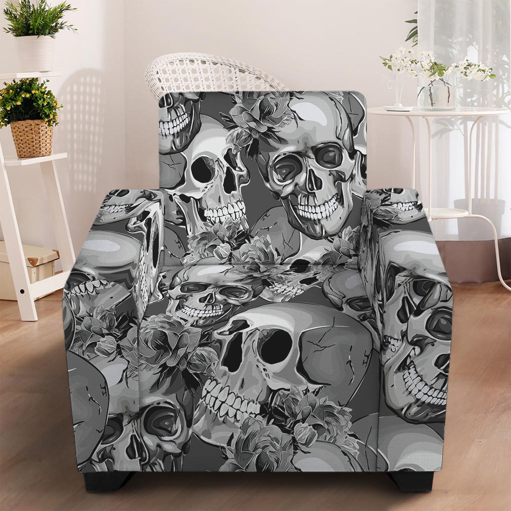 Monochrome Skull Flowers Pattern Print Armchair Slipcover