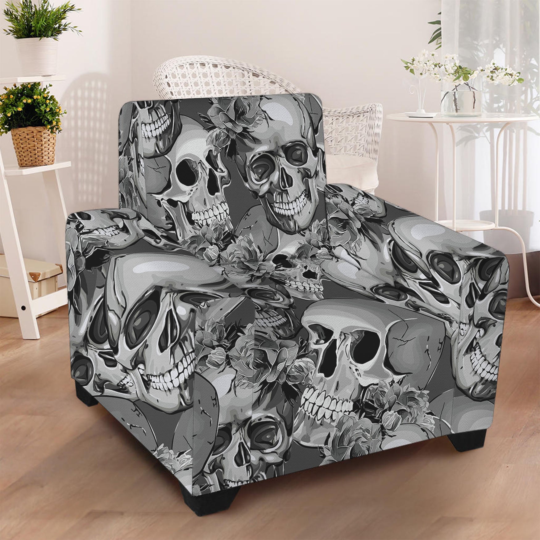 Monochrome Skull Flowers Pattern Print Armchair Slipcover