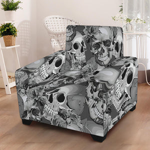 Monochrome Skull Flowers Pattern Print Armchair Slipcover