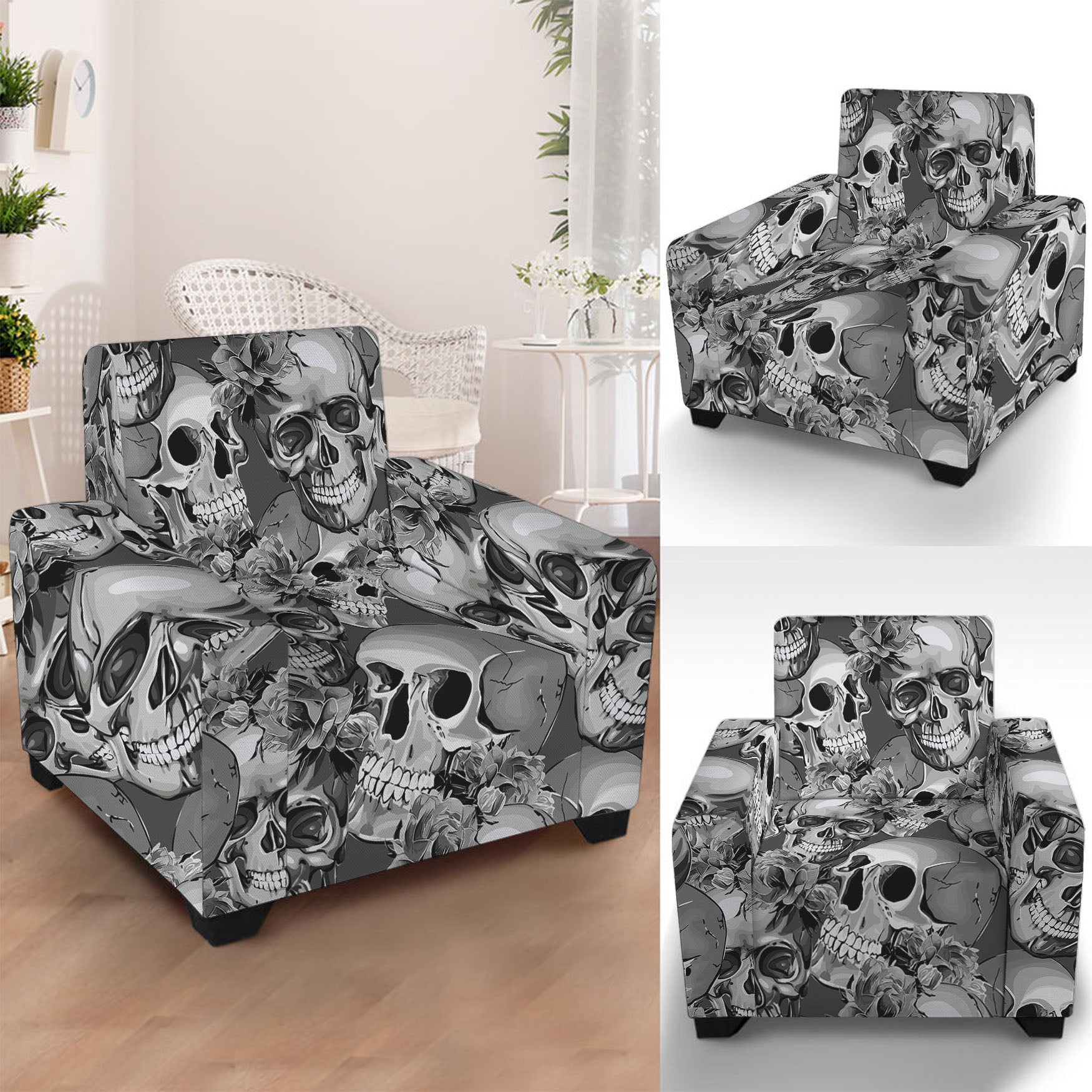 Monochrome Skull Flowers Pattern Print Armchair Slipcover