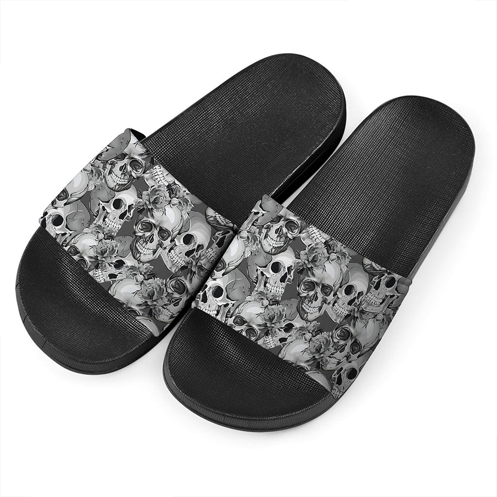 Monochrome Skull Flowers Pattern Print Black Slide Sandals