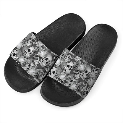 Monochrome Skull Flowers Pattern Print Black Slide Sandals