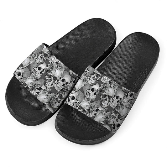 Monochrome Skull Flowers Pattern Print Black Slide Sandals